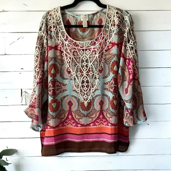 Chico's scarf blouse with dolman sleeve and lace overlay 3 (L) - Picture 1 of 8